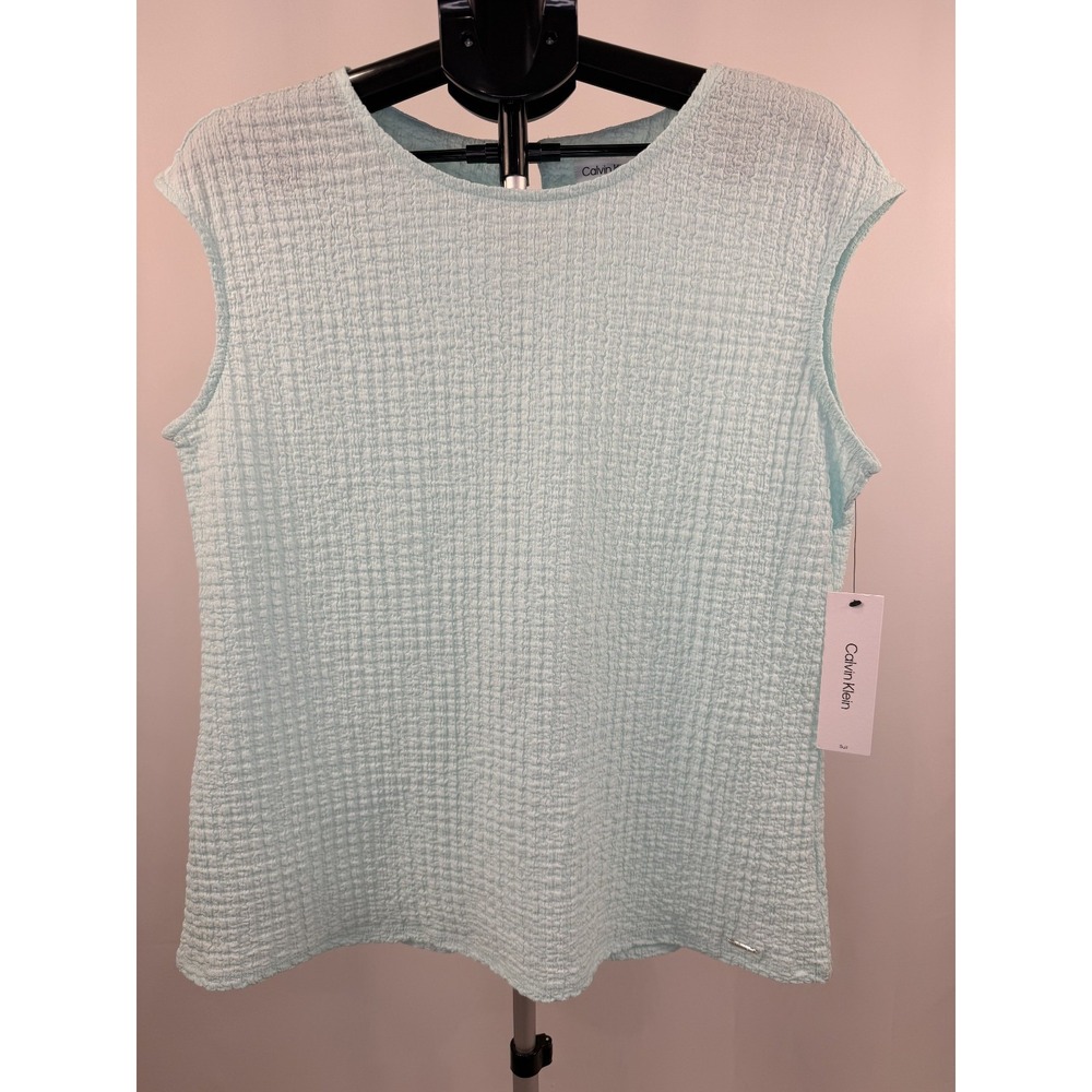 Calvin Klein Women's XL Regular Mint Green Solid Crew Neck Textured Cap Blouse